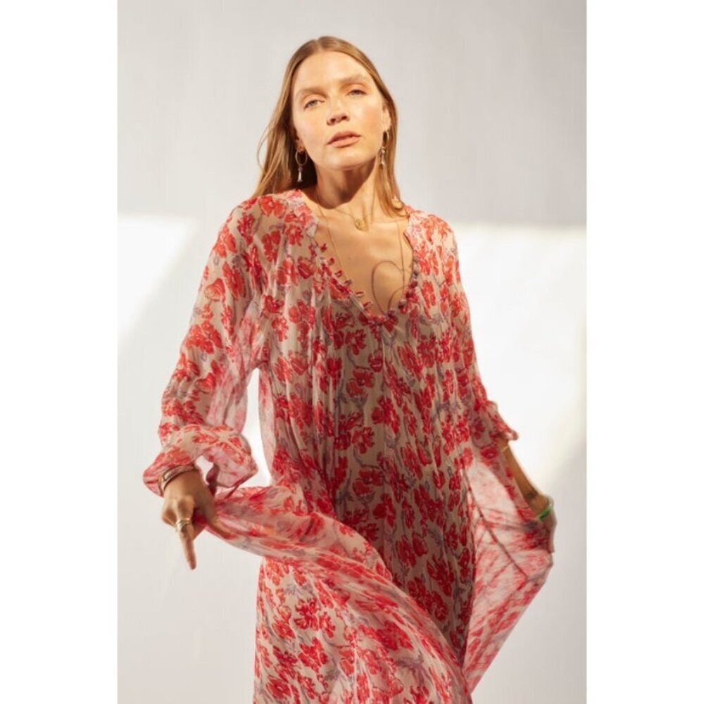 Natalie Martin Fiore Maxi Dress ~ Chiffon Watercolor Dove Medium M Nwt